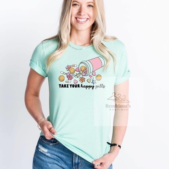 Take Your Happy Pills Graphic T Shirt Mint Green Various Sizes - Picture 1 of 3